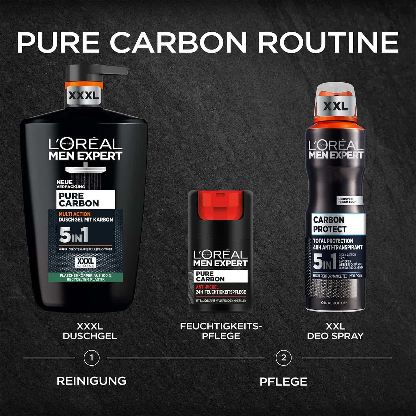 Pure Carbon Routine - Abbildungen von 3 Pflege- & Reinigungsprodukten